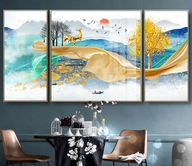 北欧轻奢麋鹿山水三联装饰画