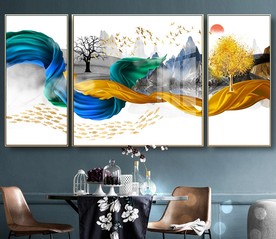 北欧轻奢麋鹿山水三联装饰画