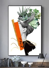 美女金箔色块线条黑白抽象装饰画