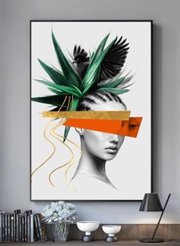 美女金箔色块线条黑白抽象装饰画