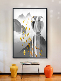 水墨花瓶瀑布装饰画金鱼装饰画