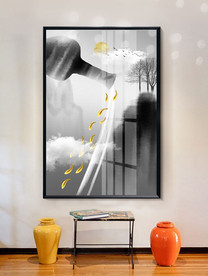 水墨花瓶九鱼聚财金箔装饰画