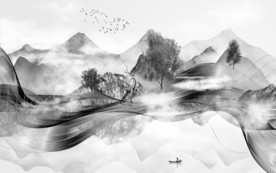 灰色背景墙山水画欧式