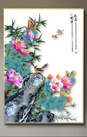 原创手绘牡丹花鸟竹子装饰画壁画