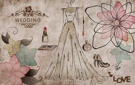 复古手绘婚纱花朵工装背景墙