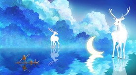 蓝色唯美天空月亮与麋鹿手绘壁画