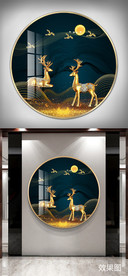 金色福鹿意境山水新中式晶瓷画