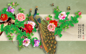 原创牡丹孔雀国色天香装饰画壁画