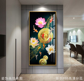 年年有鱼金色荷塘玄关晶瓷画