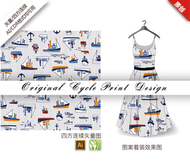 卡通轮船海洋四方连续