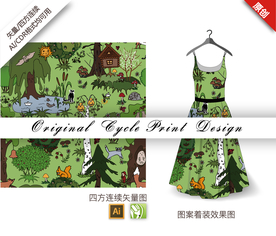 矢量卡通树林四方连续