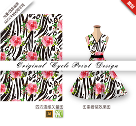 矢量玫瑰豹纹四方连续