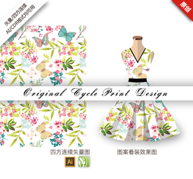 矢量桃花蝴蝶四方连续