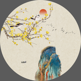 新中式银杏花鸟画 圆形花鸟壁画