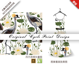 矢量丹顶鹤荷花四方连续