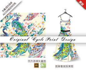 手绘水仙孔雀四方连续