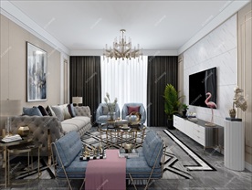 轻奢客厅集成墙面模型效果图