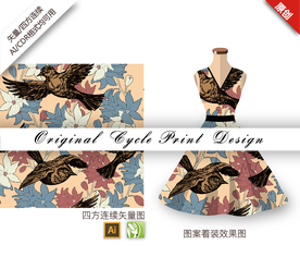 传统樱花蜂鸟四方连续