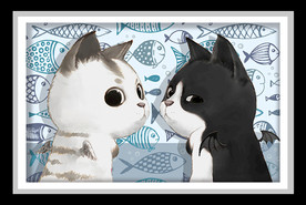 卡通可爱小鱼黑白猫咪装饰画