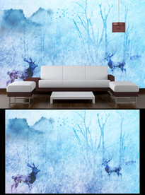 水彩麋鹿背景墙