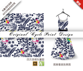 卡通松叶花苞喜鹊四方连续