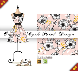 矢量线描含笑四方连续