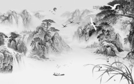 灰色新中式山水画 tif分层