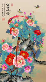 原创玄关高清手绘牡丹喜鹊装饰画