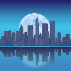 城市天际线建筑大月亮蓝色矢量图