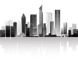 城市天际线建筑与倒影灰度矢量图