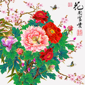 原创高清手绘牡丹梅花装饰画