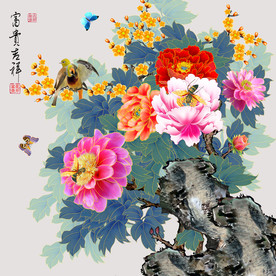 原创高清手绘牡丹花鸟装饰画壁画