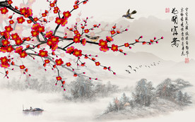 原创手绘梅花花鸟装饰画背景墙