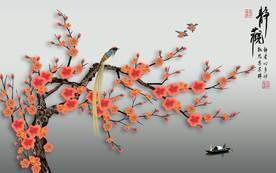 原创高清手绘梅花喜鹊装饰背景画