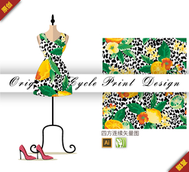 矢量豹纹迎春花柠檬四方连续