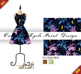 唯美夜空椰树月亮四方连续