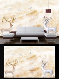 大理石麋鹿飞鸟电视背景墙