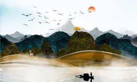 新中式山水油画背景墙