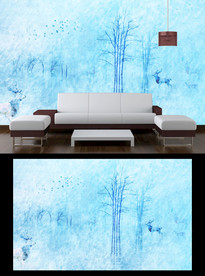 水彩森林麋鹿电视背景墙