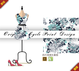 传统中国风线描菊花四方连续