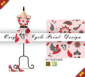 矢量山茶花腰果花四方连续