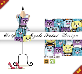 可爱卡通动物猫四方连续