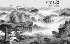 新中式新灰色山水画 tif分层