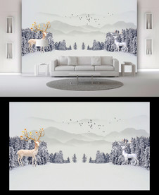 麋鹿山水电视背景墙