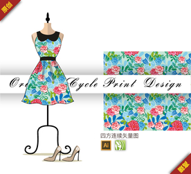 传统玫瑰木芙蓉四方连续