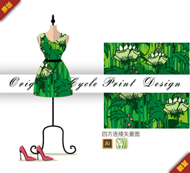 绿色荷花池塘涂鸦四方连续