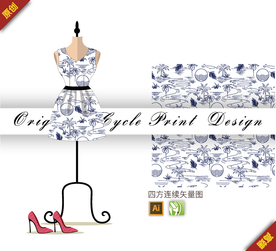 传统中国风椰树线描海滩四方连续