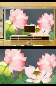 手绘荷花电视背景墙