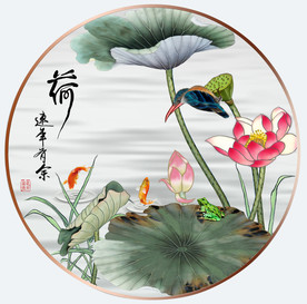 原创水墨荷花翠鸟鲤鱼装饰画