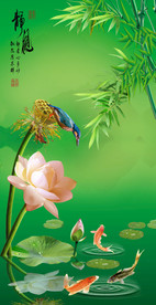 原创玄关荷花翠鸟鲤鱼装饰画壁画